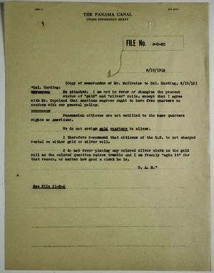 Copy of Memo from C. A. McIlvaine to Colonel Harding re: Position on Status of Gold and Silver Rolls, and Free Quarters for African Americans, August 19, 1918 Copy of Memo from C. A. McIlvaine to Colonel Harding re: Position on Status of Gold and Silver Rolls, and Free Quarters for African Americans, August 19, 1918