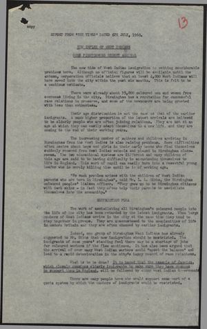 Transcription: New Influx of West Indians - Some Firstcomers Resent Arrival Transcription: New Influx of West Indians - Some Firstcomers Resent Arrival