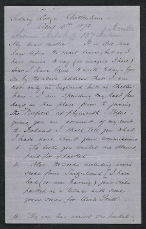 Letter from Samuel Winter Cooke to My dear Mother, April 16, 1872 Letter from Samuel Winter Cooke to My dear Mother, April 16, 1872