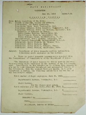 Circular Letter from R. E. Coontz re: Department of Labor Requests Certain Information Concerning Negro Employees in the Service, June 20, 1923 Circular Letter from R. E. Coontz re: Department of Labor Requests Certain Information Concerning Negro Employees in the Service, June 20, 1923