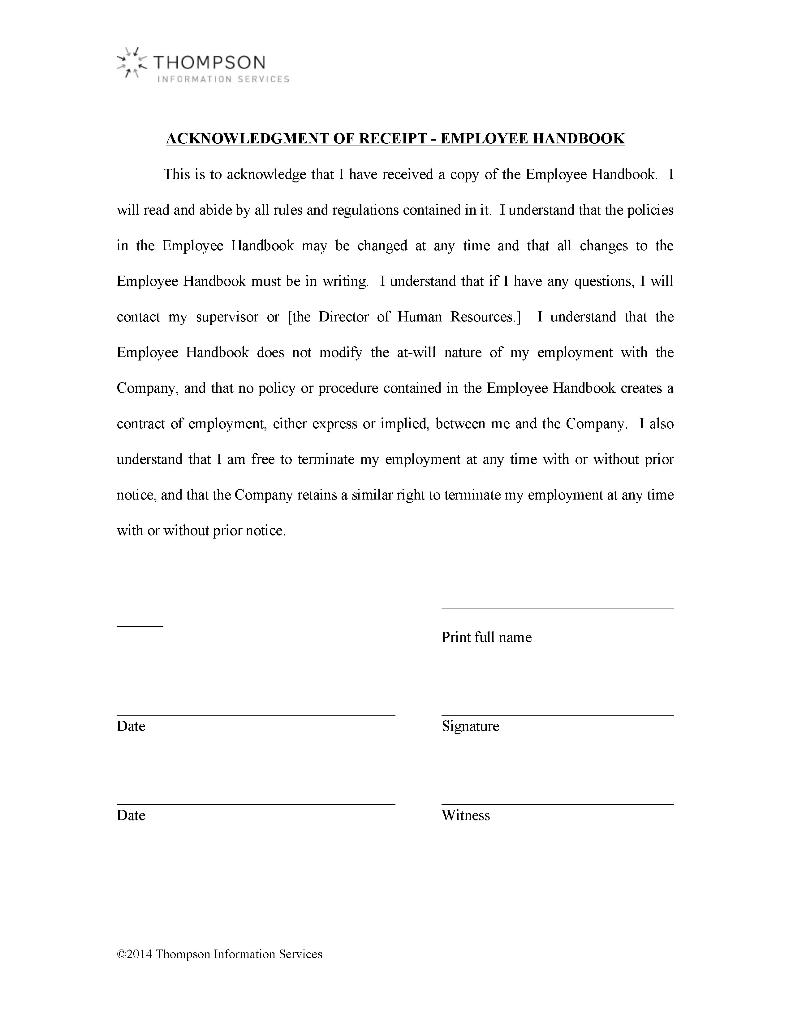 Acknowledgement Of Receipt Of Employee Handbook Alexander Street A Proquest Company