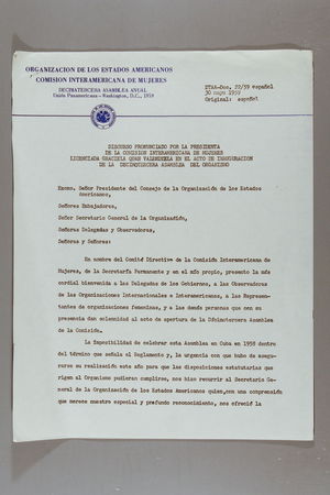 Discurso Pronunciado por la Presidenta de la Comisión Interamericana de Mujeres Licenciada Graciela Quan Valenzuela en el acto de Inauguracion de la Decimotercera Asamblea del Organismo Discurso Pronunciado por la Presidenta de la Comisión Interamericana de Mujeres Licenciada Graciela Quan Valenzuela en el acto de Inauguracion de la Decimotercera Asamblea del Organismo