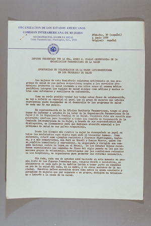 Informe Presentado por la Sra. Agnes W. Chagas Observadora de la Organizacion Panamericana de la Salud: Oportunidad de Colaboraccion de la Mujer Lationamericana en los Programas de Salud Informe Presentado por la Sra. Agnes W. Chagas Observadora de la Organizacion Panamericana de la Salud: Oportunidad de Colaboraccion de la Mujer Lationamericana en los Programas de Salud