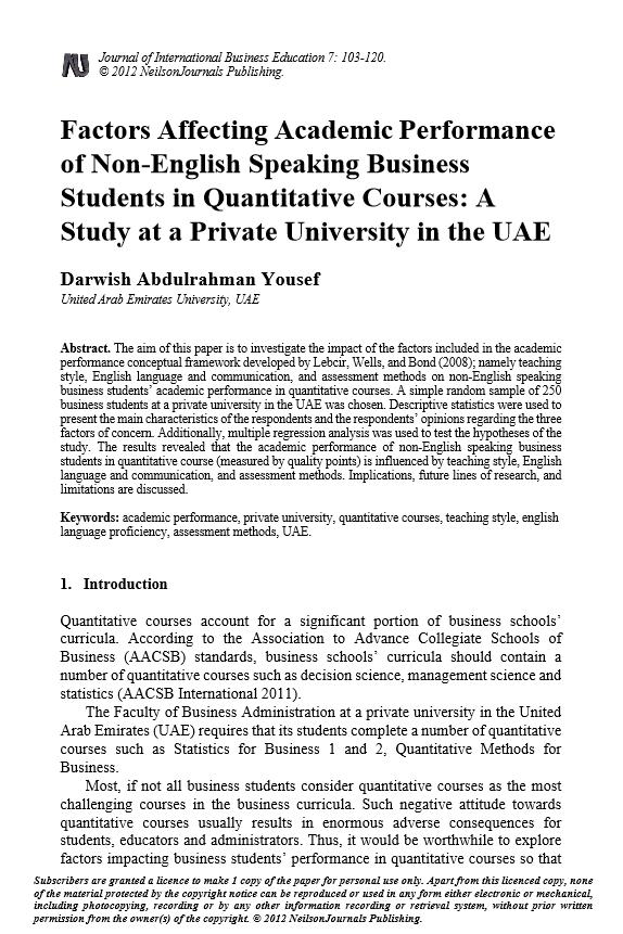 Factors Affecting Academic Performance Of Non English Speaking Business Students In Quantitative Courses A Study At A Private University In The Uae Alexander Street A Proquest Company