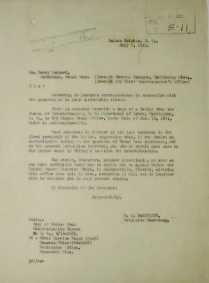 Memo from C. A. McIlvaine to Harry Leonard re: Past Correspondence Concerning Canal Zone Residence, August 27, 1921 Memo from C. A. McIlvaine to Harry Leonard re: Past Correspondence Concerning Canal Zone Residence, August 27, 1921