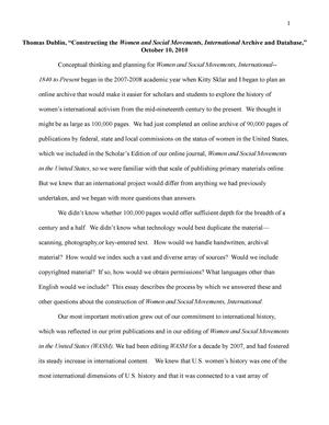 Constructing the Women and Social Movements, International Archive and Database, 2007- 2010 Constructing the Women and Social Movements, International Archive and Database, 2007- 2010