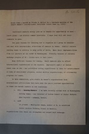 Notes from a Speech by Frieda S. Miller to a Luncheon Meeting of the Geneva Women's International Institute (about June 14th, 1950) Notes from a Speech by Frieda S. Miller to a Luncheon Meeting of the Geneva Women's International Institute (about June 14th, 1950)