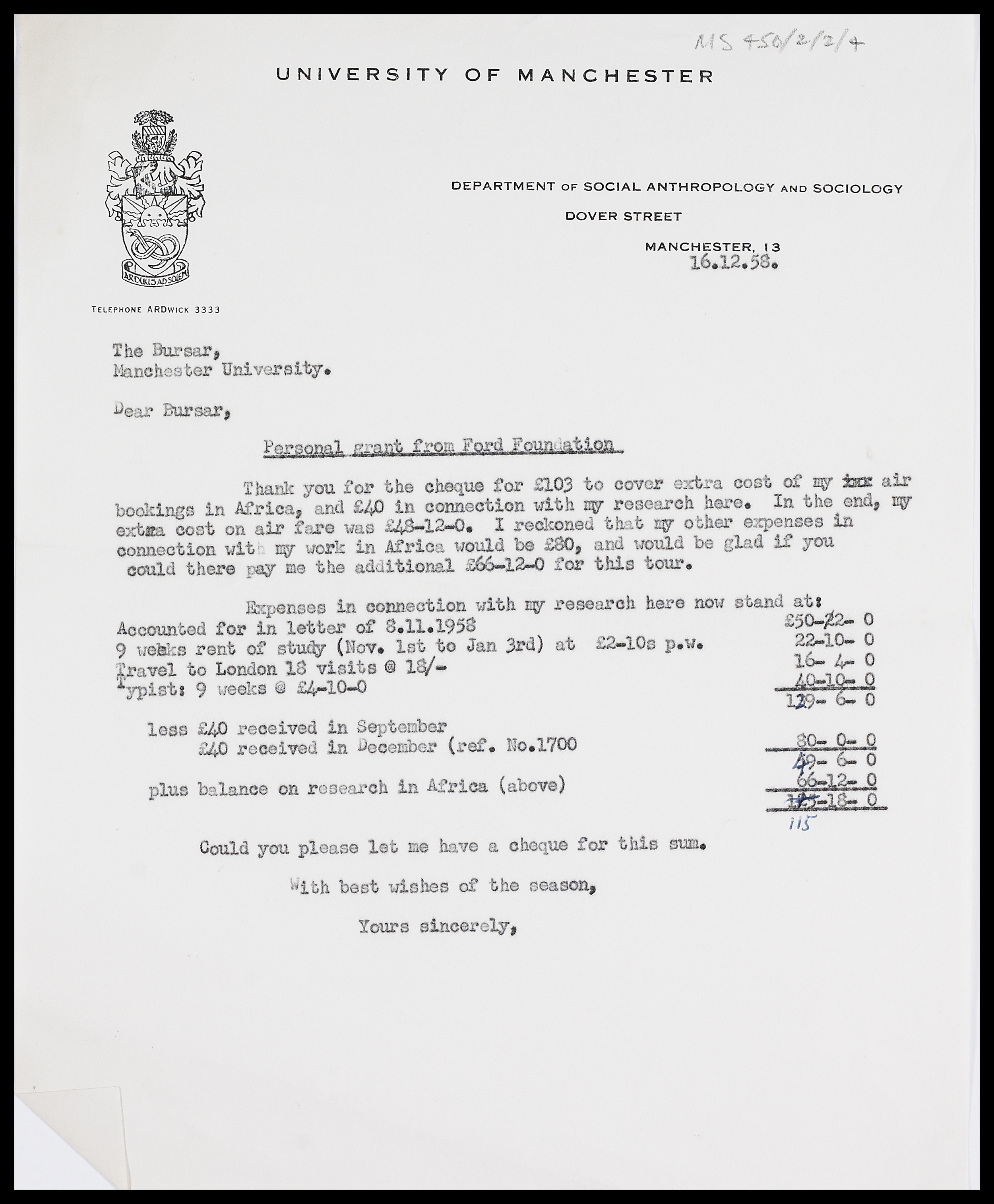 Letter From Mg To Bursar University Of Manchester 16 Dec 1958 Alexander Street A Proquest Company