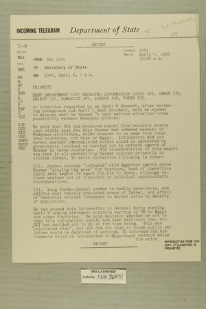 Telegram from Edward B. Lawson in Tel Aviv to Secretary of State, April 7, 1956 Telegram from Edward B. Lawson in Tel Aviv to Secretary of State, April 7, 1956