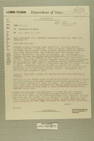 Telegram from Edward B. Lawson in Tel Aviv to Secretary of State, April 9, 1956 Telegram from Edward B. Lawson in Tel Aviv to Secretary of State, April 9, 1956