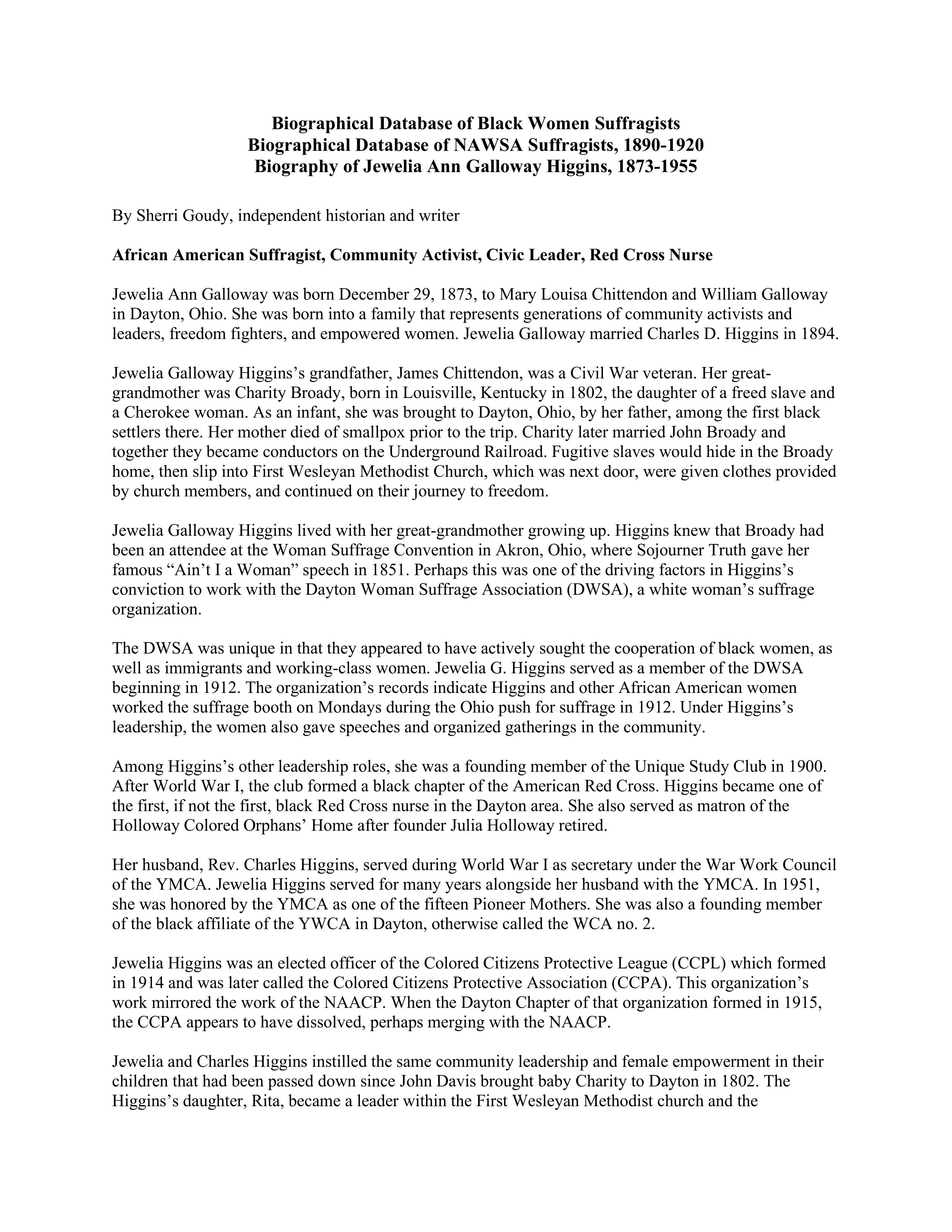 Biographical Sketch Of Jewelia Ann Galloway Higgins Alexander Street A Proquest Company