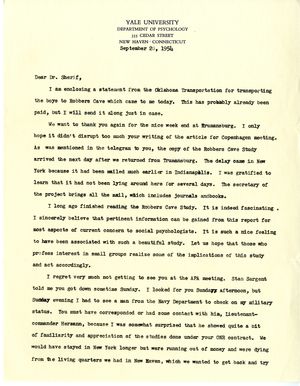 Letter from O.J. Harvey to Dr. Sherif, September 28, 1954 Letter from O.J. Harvey to Dr. Sherif, September 28, 1954