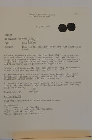 Memo For The President On Meeting With Senators On Bosnia July 18 1995 Alexander Street A Proquest Company