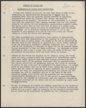 Outline of Scheme for Restriction of Liquid Milk Consumption, April 1, 1941 Outline of Scheme for Restriction of Liquid Milk Consumption, April 1, 1941