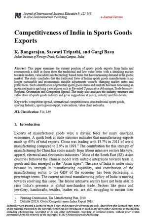 Competitiveness of India in Sports Goods Exports Competitiveness of India in Sports Goods Exports