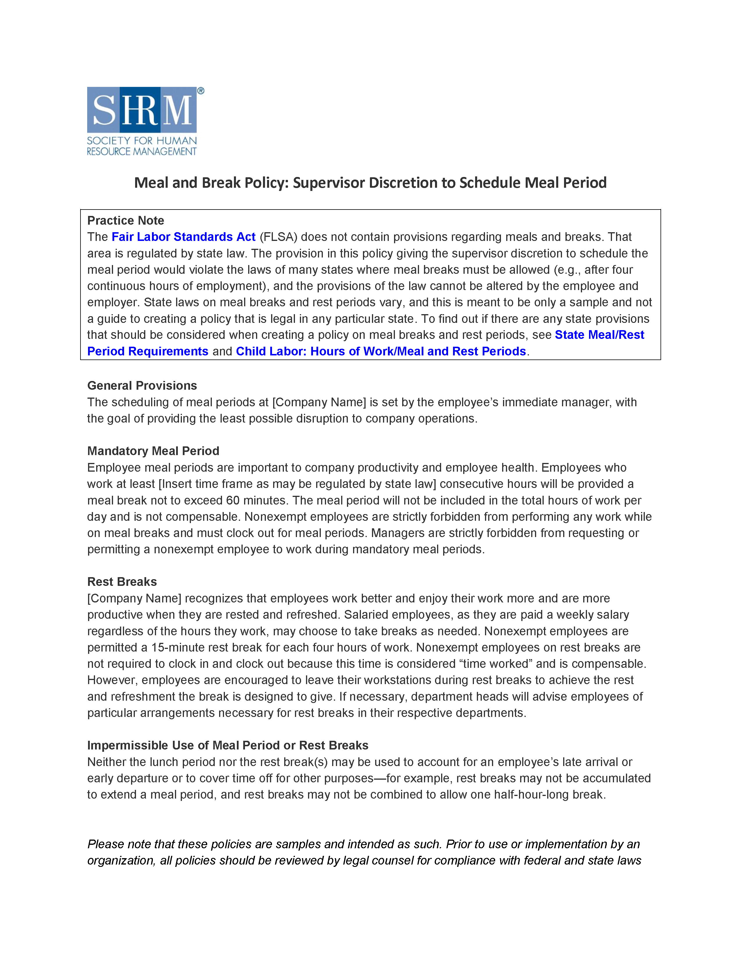 Meal And Break Policy Supervisor Discretion To Schedule Meal Period Alexander Street A Proquest Company