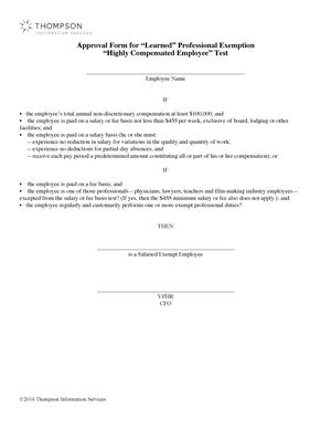 Approval Form for 'Learned' Professional Exemption 'Highly Compensated Employee' Test Approval Form for 'Learned' Professional Exemption 'Highly Compensated Employee' Test