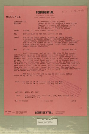Confidential Message from USARMA Tel Aviv Israel, SGD Query, to DEPTAR Wash DC for ACSI AFOIN and CNO, August 13, 1956 Confidential Message from USARMA Tel Aviv Israel, SGD Query, to DEPTAR Wash DC for ACSI AFOIN and CNO, August 13, 1956