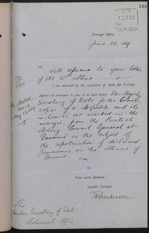 Letter from T. H. Sanderson to Under Secretary of State, Colonial Office, with Enclosed Letter from C. Mallet to Marquis of Salisbury, June 24, 1889 Letter from T. H. Sanderson to Under Secretary of State, Colonial Office, with Enclosed Letter from C. Mallet to Marquis of Salisbury, June 24, 1889