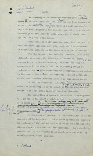Draft of Circular Letter, with Annotations, from Ministry of Food, London, re: Regular Counting of Ration Coupons, April 1940 Draft of Circular Letter, with Annotations, from Ministry of Food, London, re: Regular Counting of Ration Coupons, April 1940