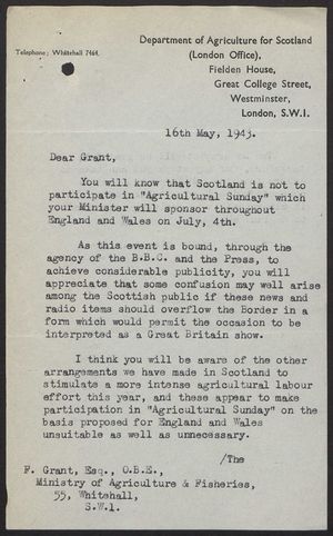 Letter from L.G. Davidson to F. Grant re: Farm Sunday in Scotland, May 16, 1943 Letter from L.G. Davidson to F. Grant re: Farm Sunday in Scotland, May 16, 1943