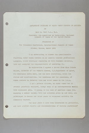 Employment Problems of Older Women Workers in America: Presented at the Triennial Conference, International Council of Women, Athens, Greece, March 1951 Employment Problems of Older Women Workers in America: Presented at the Triennial Conference, International Council of Women, Athens, Greece, March 1951