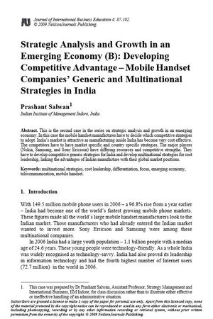 Strategic Analysis and Growth in an Emerging Economy (B): Developing Competitive Advantage – Mobile Handset Companies’ Generic and Multinational Strategies in India Strategic Analysis and Growth in an Emerging Economy (B): Developing Competitive Advantage – Mobile Handset Companies’ Generic and Multinational Strategies in India