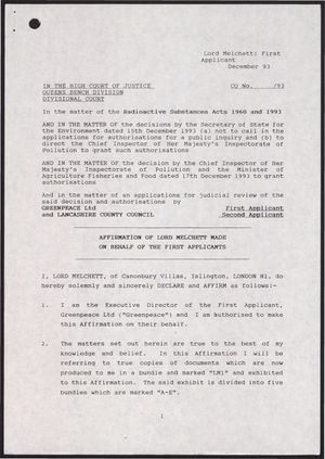 Affirmation of Lord Melchett in the Court of High Justice, Queens Bench Division, re: Radioactive Substances Acts of 1960 and 1993, December 1993 Affirmation of Lord Melchett in the Court of High Justice, Queens Bench Division, re: Radioactive Substances Acts of 1960 and 1993, December 1993