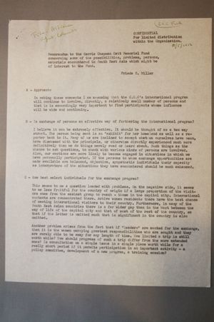 Memorandum to the Carrie Chapman Catt Memorial Fund Concerning some of the Possiblities, Problems, Persons, Materials Encountered in South East Asia Which Might Be of Interest to the Fund, 5 October 1952 Memorandum to the Carrie Chapman Catt Memorial Fund Concerning some of the Possiblities, Problems, Persons, Materials Encountered in South East Asia Which Might Be of Interest to the Fund, 5 October 1952