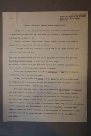 World Citizenship through Human Understanding, Notes for Address to the National Council of Negro Women, October 11, 1948 World Citizenship through Human Understanding, Notes for Address to the National Council of Negro Women, October 11, 1948