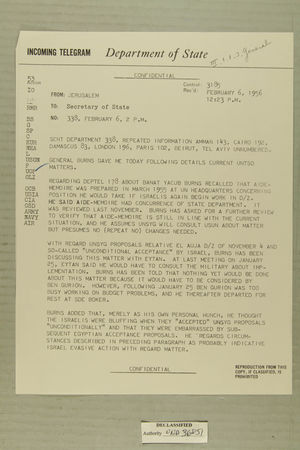 Telegram from William E. Cole, Jr. in Jerusalem to Secretary of State, February 6, 1956 Telegram from William E. Cole, Jr. in Jerusalem to Secretary of State, February 6, 1956