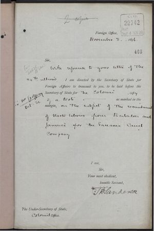 Correspondence re: Recruitment of Black Labour from Barbados and Jamaica for Panama Canal Company, October 31-November 3, 1896 Correspondence re: Recruitment of Black Labour from Barbados and Jamaica for Panama Canal Company, October 31-November 3, 1896