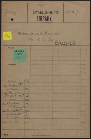 File Folder: Access to C.O Archives - Mr. E. C. Cronon, 1951 File Folder: Access to C.O Archives - Mr. E. C. Cronon, 1951