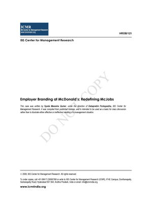 Employer Branding at McDonald's: Redefining McJobs Employer Branding at McDonald's: Redefining McJobs