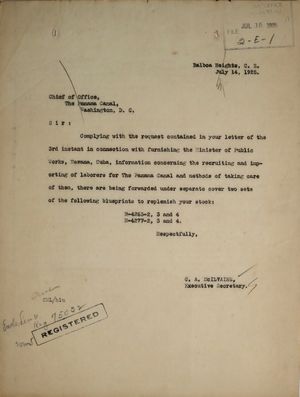 Letter from C. A. McIlvaine to Chief of Office, The Panama Canal, July 14, 1925 Letter from C. A. McIlvaine to Chief of Office, The Panama Canal, July 14, 1925