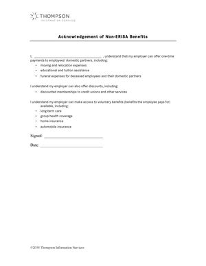 Acknowledgement of Non-ERISA Benefits Acknowledgement of Non-ERISA Benefits