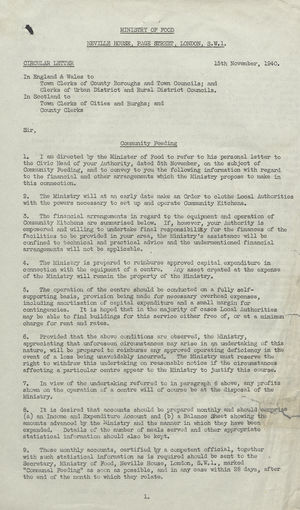 Circular Letter from H.L. French to Town and County Clerks in England, Wales, and Scotland re: Community Feeding, November 15, 1940 Circular Letter from H.L. French to Town and County Clerks in England, Wales, and Scotland re: Community Feeding, November 15, 1940