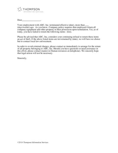Failure To Return Company Property Letter Following Termination Alexander Street A Proquest Company