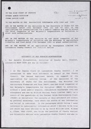 Affidavit of Max Benskin Winterbottom in the Court of High Justice, Queens Bench Division, re: Radioactive Substances Acts of 1960 and 1993, December 20, 1993 Affidavit of Max Benskin Winterbottom in the Court of High Justice, Queens Bench Division, re: Radioactive Substances Acts of 1960 and 1993, December 20, 1993