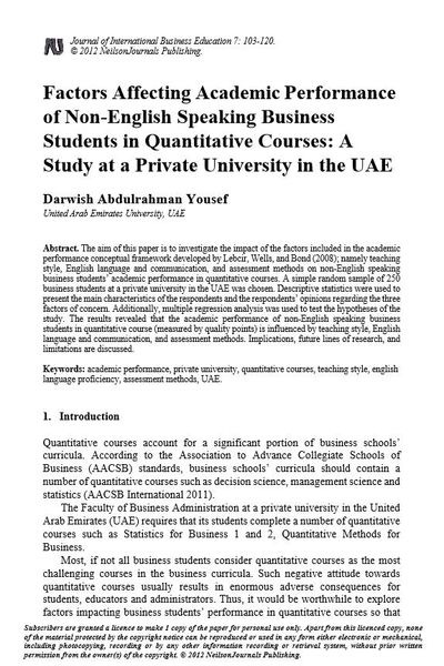 Factors Affecting Academic Performance Of Non English Speaking Business Students In Quantitative Courses A Study At A Private University In The Uae Alexander Street A Proquest Company