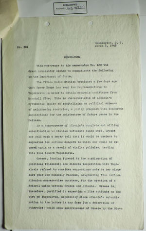 Memo from Greek Ambassador to Dept. of State re: Albania's Request for Economic Assistance from Yugoslavia, March 2, 1945 Memo from Greek Ambassador to Dept. of State re: Albania's Request for Economic Assistance from Yugoslavia, March 2, 1945