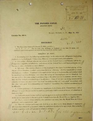 Circular from Jay J. Morrow, Panama Canal Executive Office, re: Discharge of Employees, May 18, 1921 Circular from Jay J. Morrow, Panama Canal Executive Office, re: Discharge of Employees, May 18, 1921