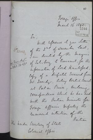 Correspondence re: Haitian Exiles in Jamaica, February-March, 1892 Correspondence re: Haitian Exiles in Jamaica, February-March, 1892