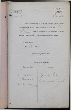 Transmittal Cover from Under Secretary of State for Foreign Affairs to Under Secretary of State for the Colonies re: Jamaican Labour for Panama Canal, 1906-1907 Transmittal Cover from Under Secretary of State for Foreign Affairs to Under Secretary of State for the Colonies re: Jamaican Labour for Panama Canal, 1906-1907