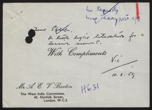 Business Card of Mr. A. E. V. Barton, West India Committee, October 8, 1959 Business Card of Mr. A. E. V. Barton, West India Committee, October 8, 1959