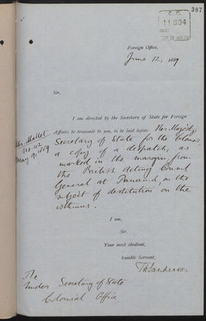 Letter from T. H. Sanderson to Under Secretary of State, Colonial Office, re: Destitution on the Isthmus, with Enclosed Letter from C. Mallet to Marquis of Salisbury, June 12, 1889 Letter from T. H. Sanderson to Under Secretary of State, Colonial Office, re: Destitution on the Isthmus, with Enclosed Letter from C. Mallet to Marquis of Salisbury, June 12, 1889