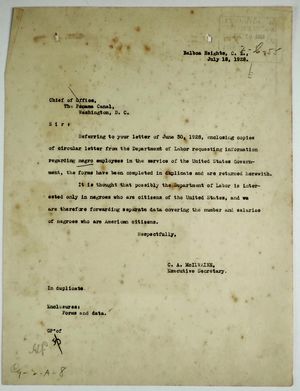 Letter from C. A. McIlvaine to Chief of Office re: Negroes Employed by Panama Canal and Panama Railroad, July 18, 1928 Letter from C. A. McIlvaine to Chief of Office re: Negroes Employed by Panama Canal and Panama Railroad, July 18, 1928