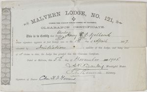 Clearance Certificate Of Clearance From Malvern Freemasons Lodge For C H F Yelland Alexander Street A Proquest Company