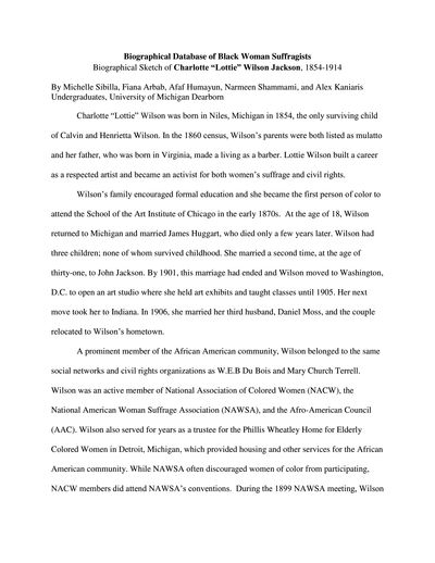 Biographical Sketch Of Charlotte Lottie Wilson Jackson Alexander Street A Proquest Company The other biosketches will convince reviewers that members of my team can all perform the roles i need them to play on the project. of charlotte lottie wilson jackson