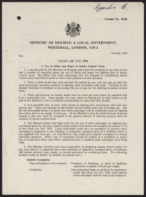 Circular Letter From P D Coates Ministry Of Housing And Local Government Re Clean Air Act 1956 Use Of Sticks And Paper In Smoke Control Alexander Street A Proquest Company